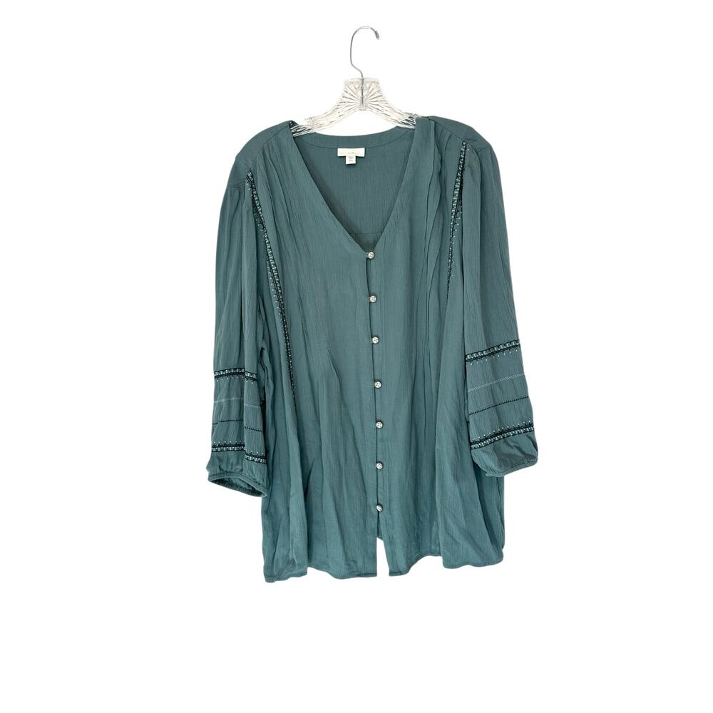 J. Jill Blouse Green V-Neck Work Embroidered Button‎ Up Shirt Large Petite
